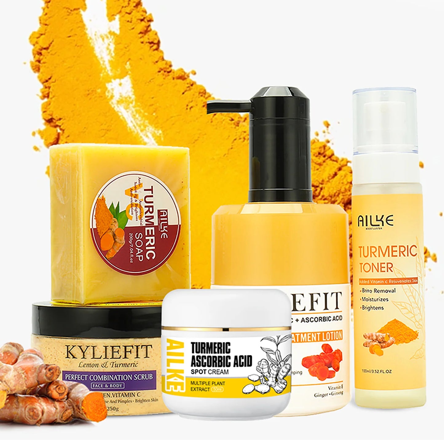 Ailke Organic Turmeric Skin Care Set for Acne Reduction Skin Cleansing Exfoliation Whitening Even Skin Tone and Dry Skin Improvement