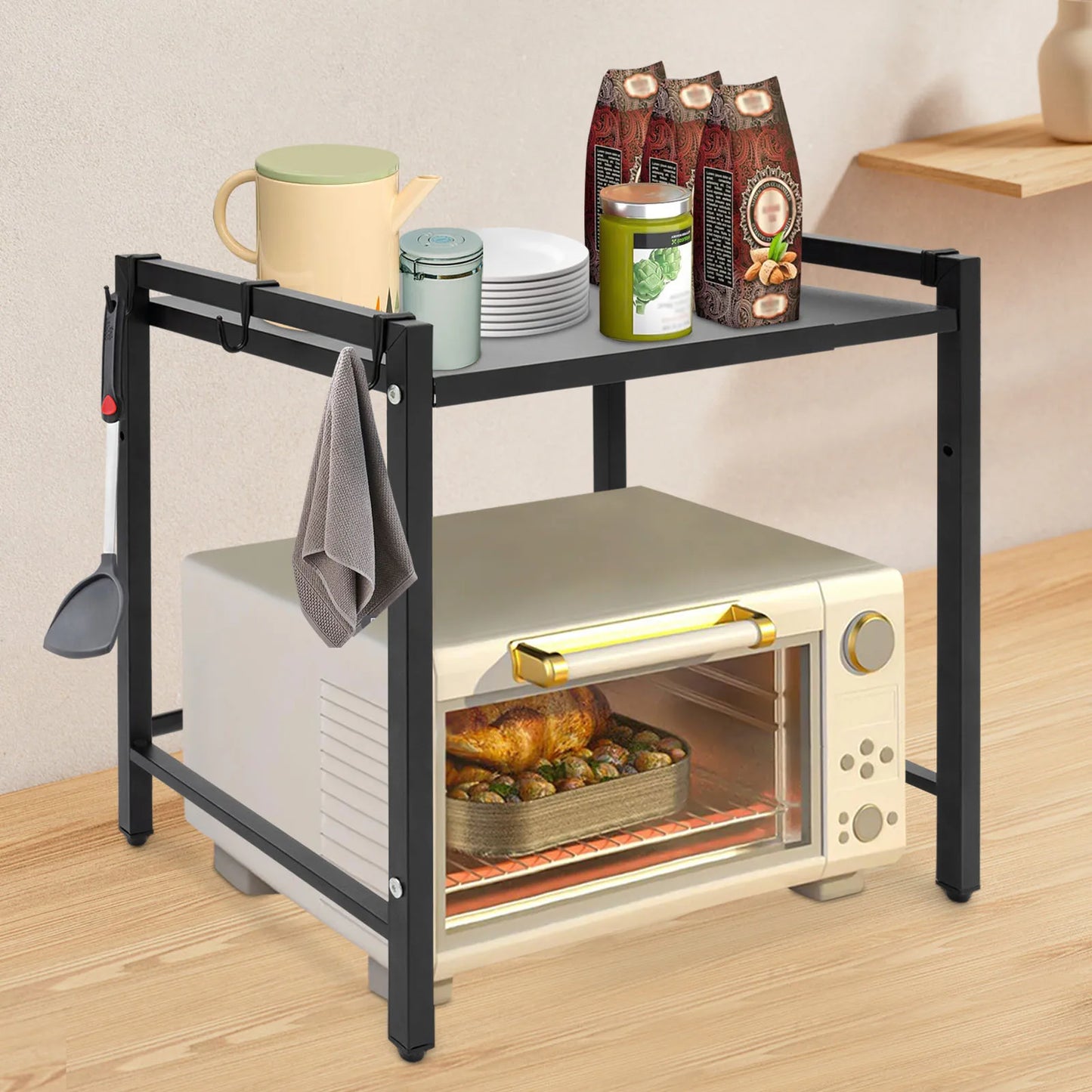 Bymaocar 2 Tiers Adjustable Microwave Stand Black Extendable Oven Shelf Wear Resistant Kitchen Countertop Organizer with Hooks