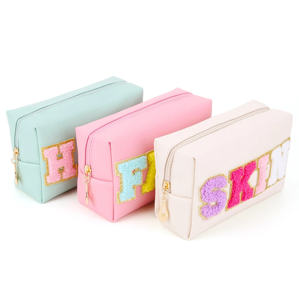 3PCS Preppy Patch Makeup Bag with Patches Chenille Letter Waterproof Toiletry Bag PU Leather for Women for Travel Accessories