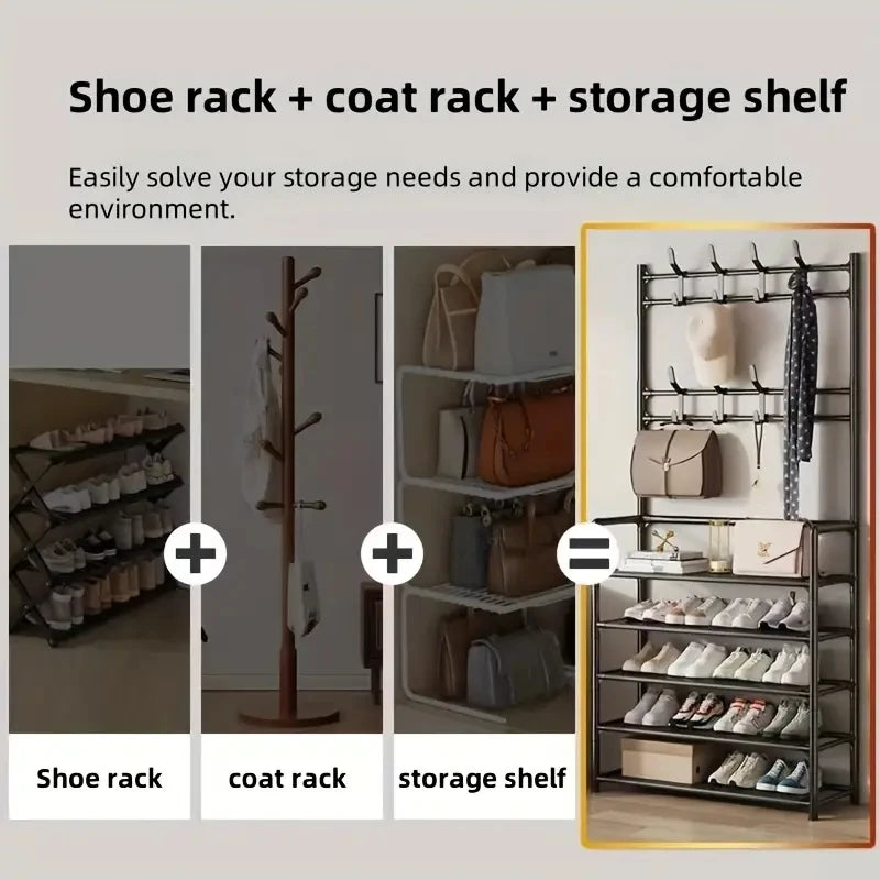 Entryway Coat Rack And Shoe Organizer With 4 Tier Shelves