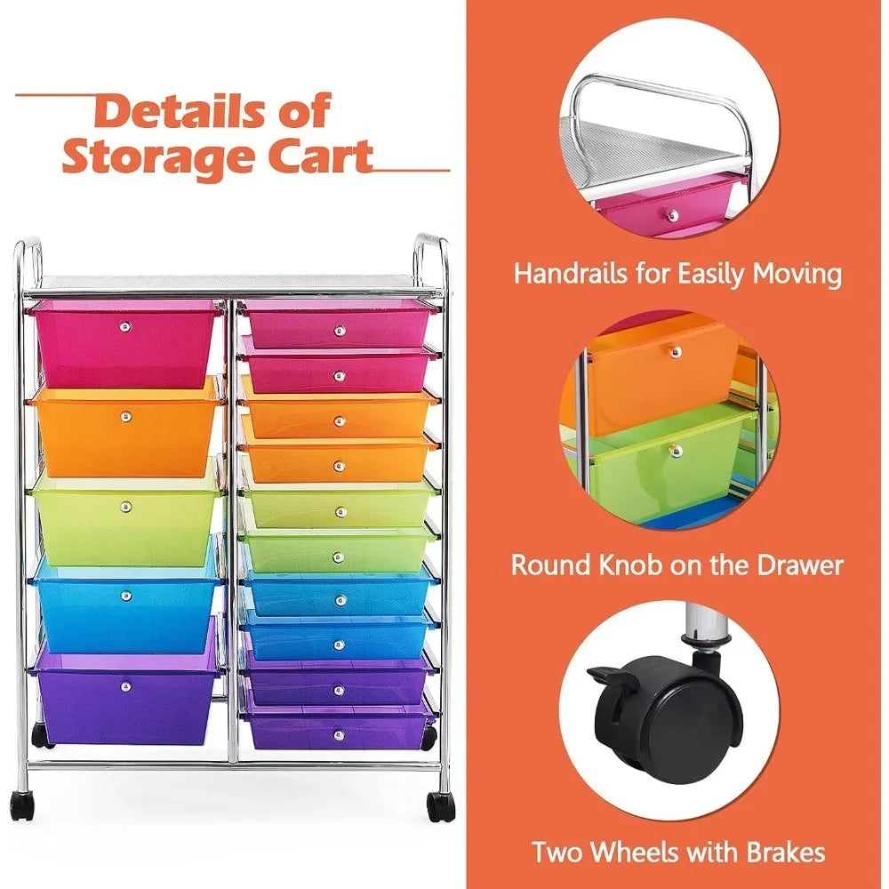 15-Drawer Rolling Storage Cart for Home Office and School Use