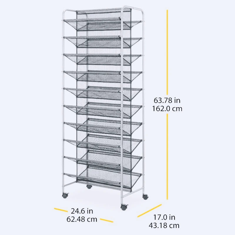 10 Tier 60 Pair Metal and Mesh Rolling Shoe Rack Everyday Home Shoe Storage
