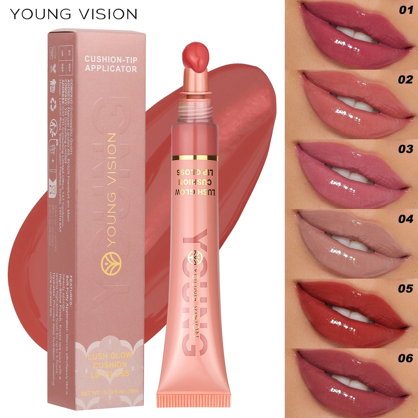 Young Vision 6 Color Liquid Water Shine Plush Brush Head Lip Gloss Vivid Shine Moisturizing Smooth Long Lasting Lip Glaze 10ml