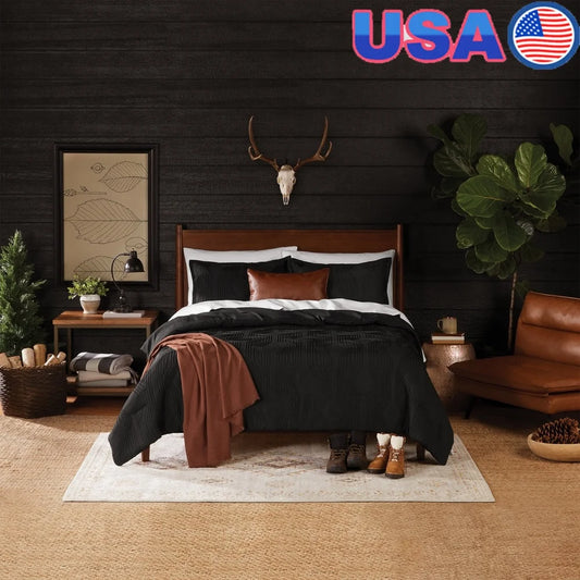 Five Piece Black Jacquard Comforter Set Queen Size Textured