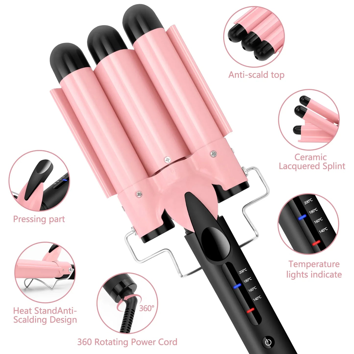 3 Barrel Curling Iron Hair Crimper Dual Voltage Ceramic Tourmaline Three Barrels Hair Waver 1 Inch Curler Wand Pink