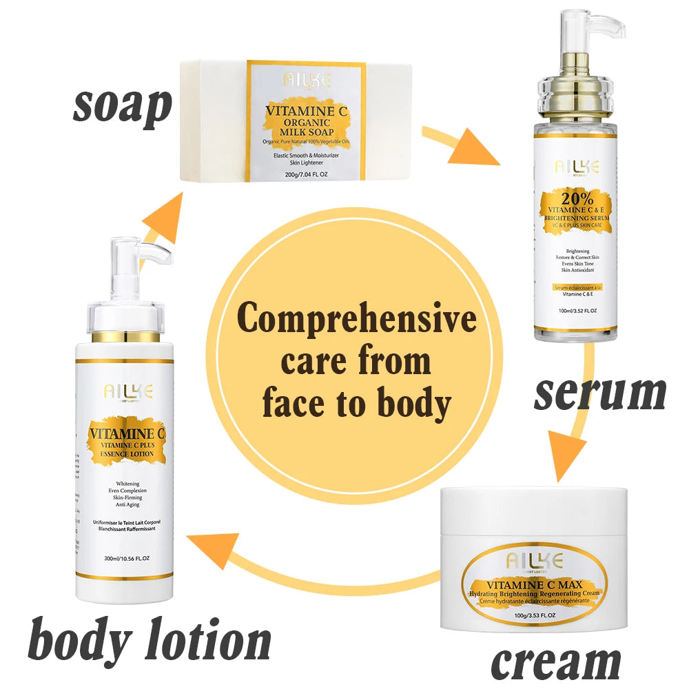AILKE Vitamin C Skin Care Set Brightening Body Lotion Even Skin Tone Face Cream Whitening Serum Brightening Soap