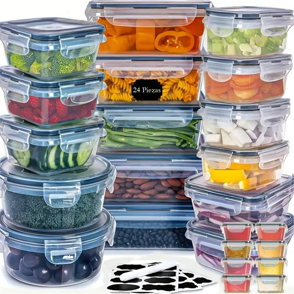 24pcs Kitchen Storage Container Set Dishwasher Safe Reusable Plastic Bins with Flip Lids for Fruits Vegetables and Meats