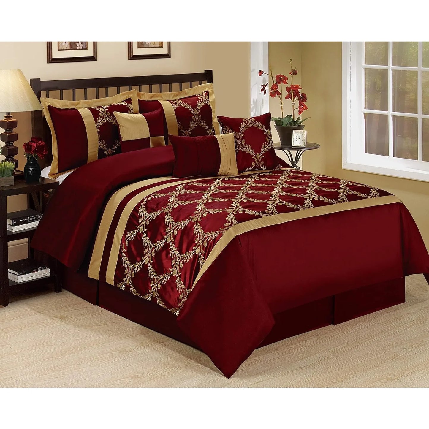 7 Piece King Burgundy Gold Faux Silk Comforter Set Lux