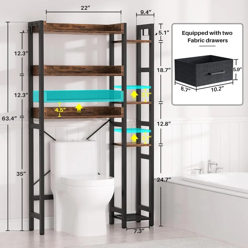 Rustic Brown Over Toilet Storage 2 Drawers 7 Tier Organizer