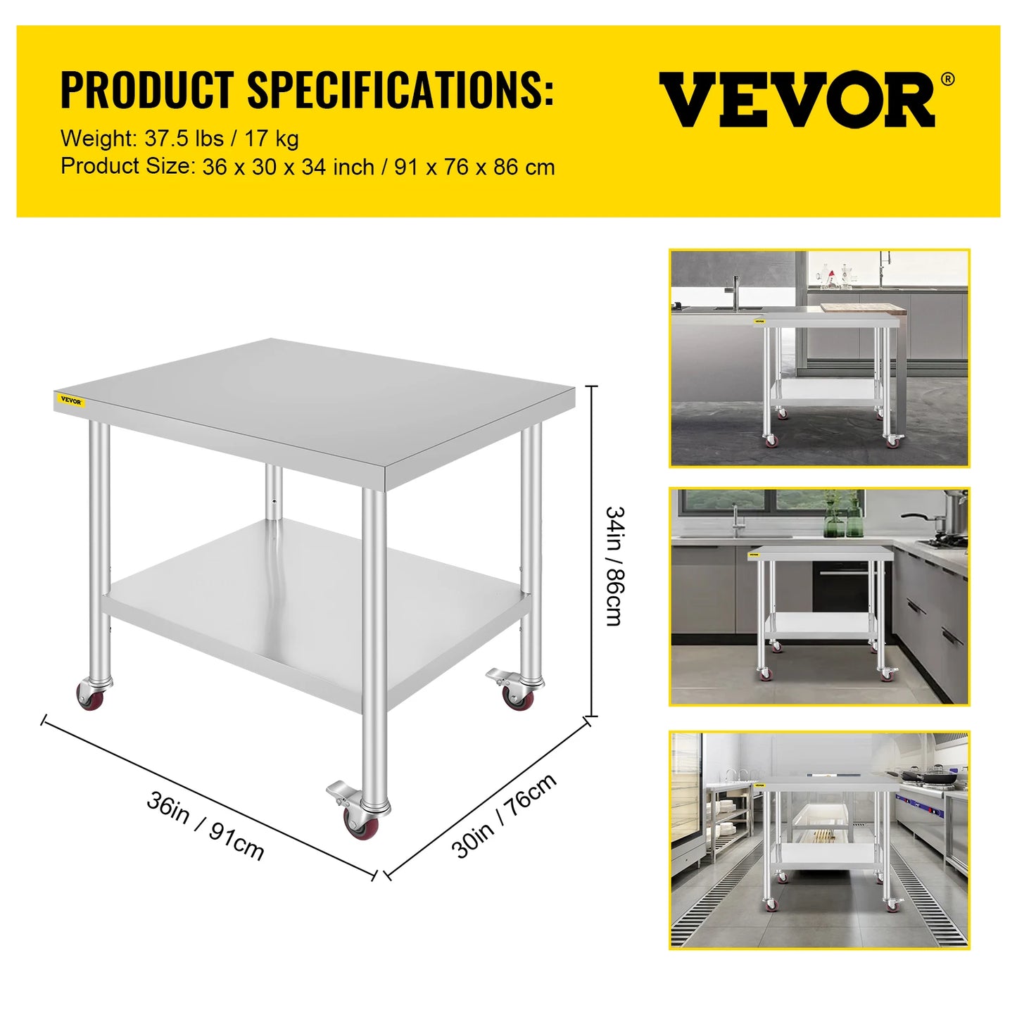 SucceBuy Stainless Steel Kitchen Work Table With Wheels