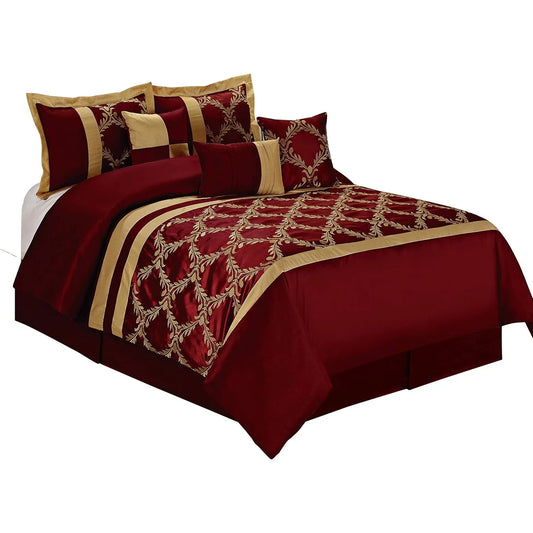 7 Piece King Burgundy Gold Faux Silk Comforter Set Lux