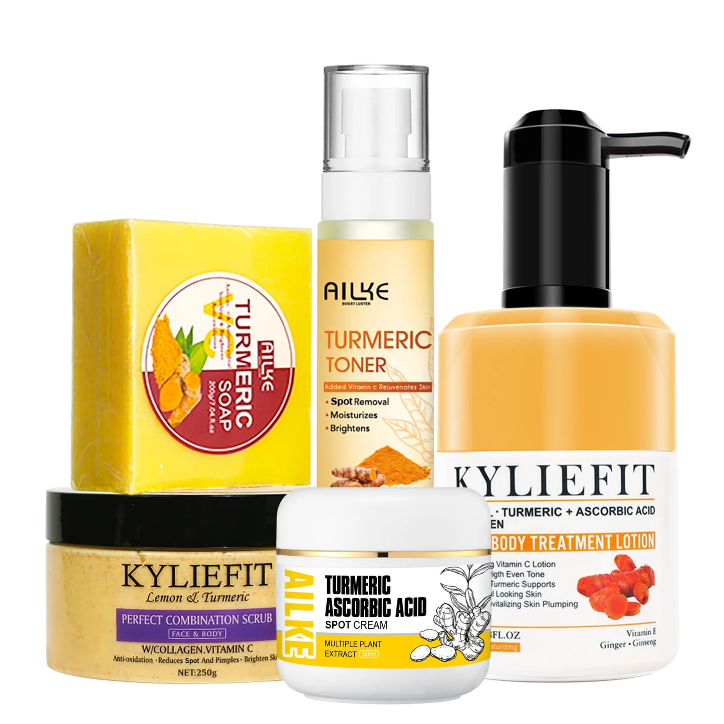 Ailke Organic Turmeric Skin Care Set for Acne Reduction Skin Cleansing Exfoliation Whitening Even Skin Tone and Dry Skin Improvement