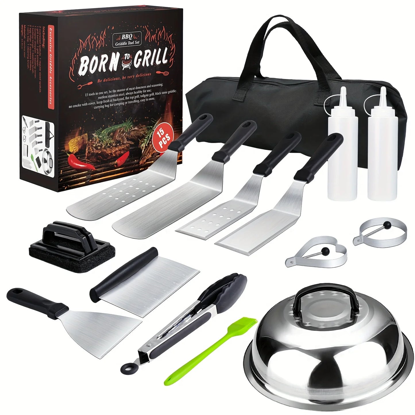 15 Piece Flat Top Grill Tool Set for Blackstone and Camping Stainless Steel Accessory Set for Outdoor Grilling