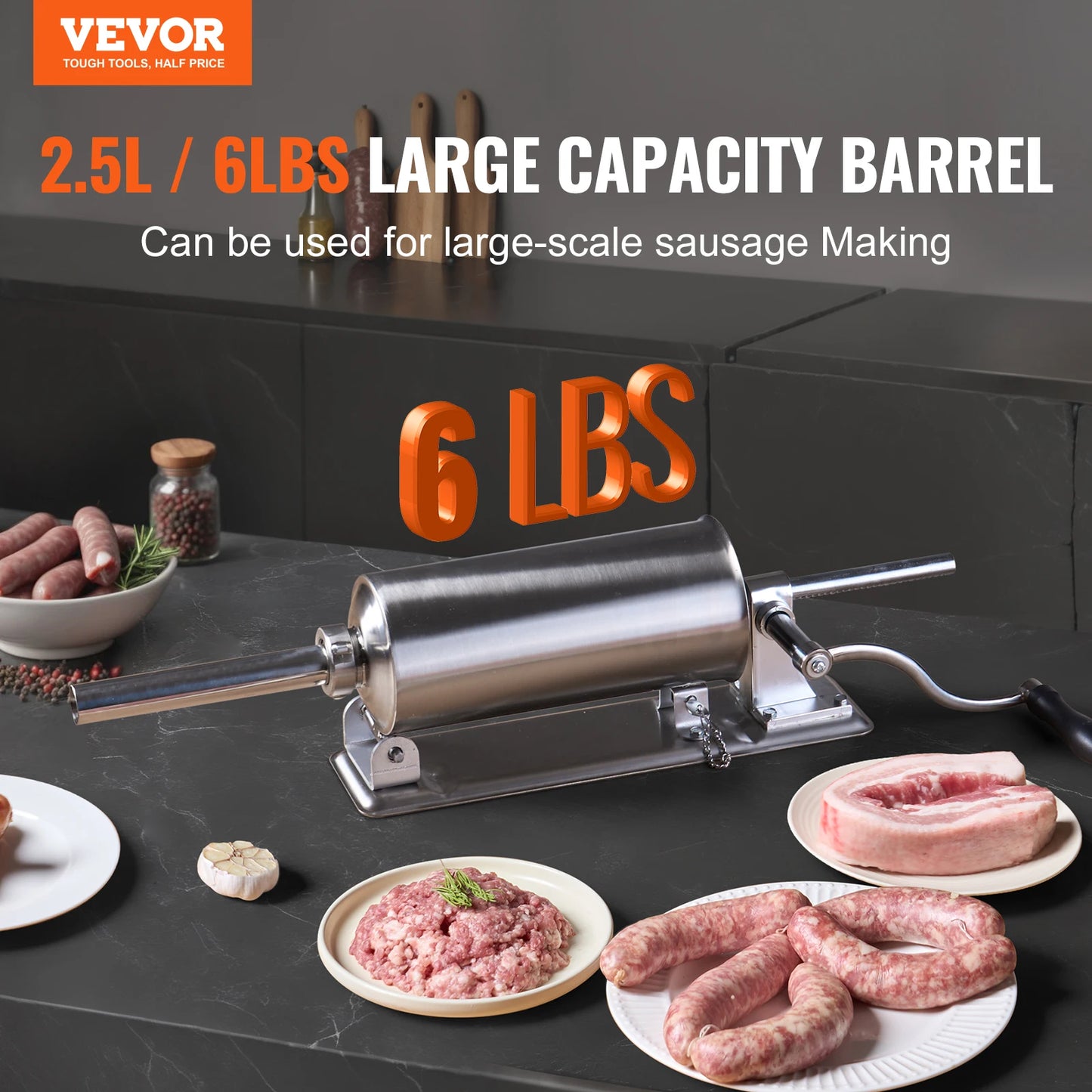 VEVOR 2.5L Manual Sausage Stuffer Food Grade Stainless Steel with 8 Stuffing Tubes for Home Kitchen and Commercial Use
