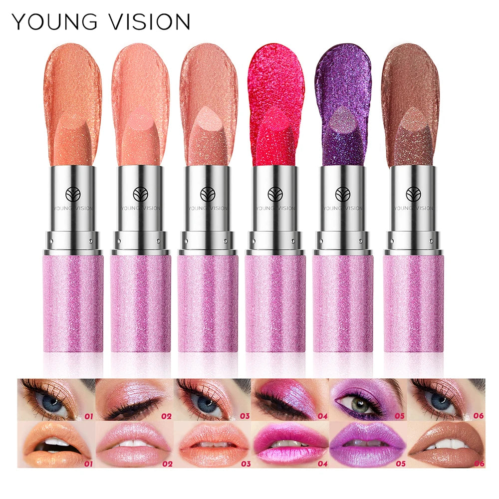 Young Vision Pearlized Shimmer Lipsticks and Eyeshadows Long Lasting Fade Resistant Warm Change Lipsticks 6g