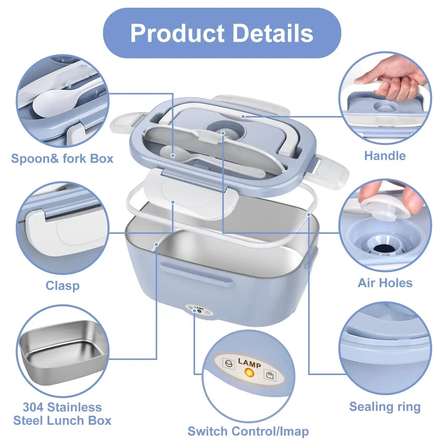 Electric Lunch Box 12V 24V 110V Portable Food Warmer with 1.5L Leakproof Stainless Container and Insulated Bag for Car and Home