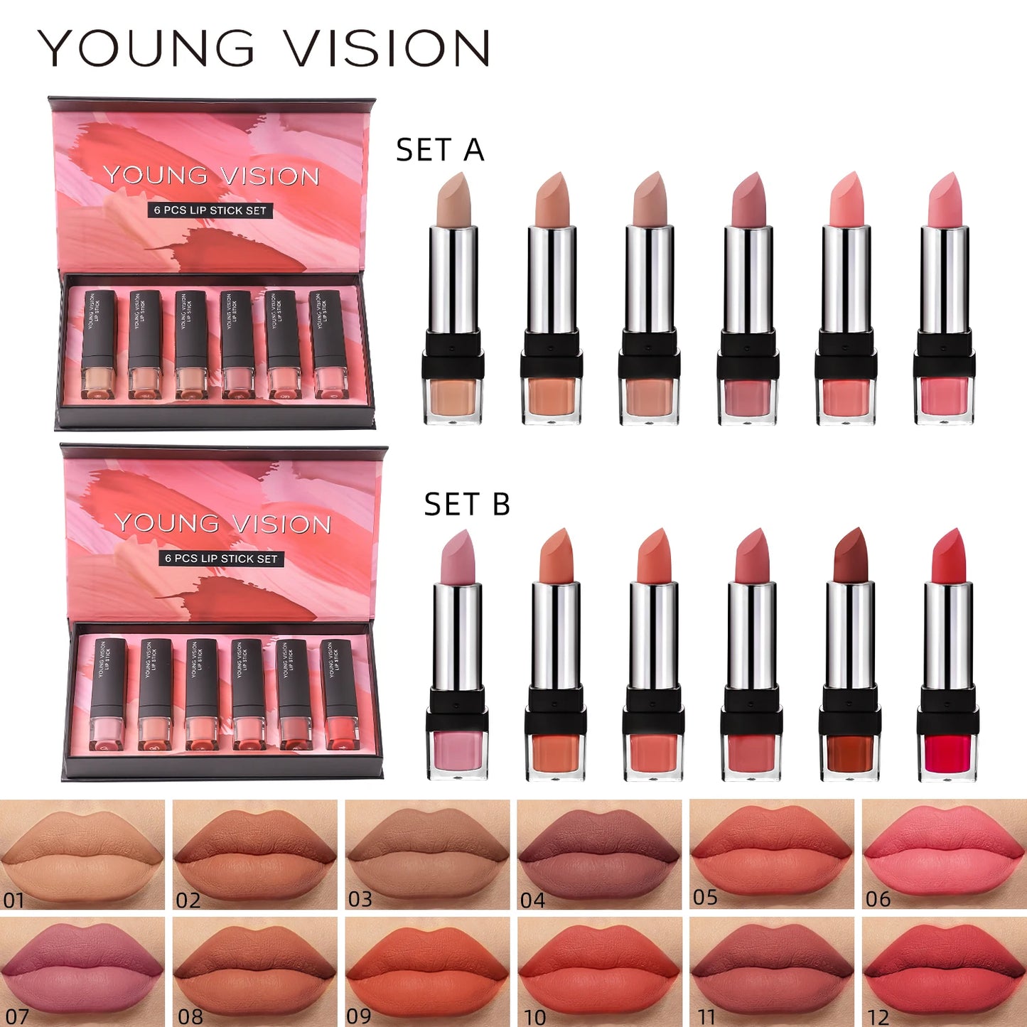 Young Vision 6 Matte Velvet Lipstick Set Waterproof Non Fade Silky Mud Feeling White Thin Translucent Light Lip Glaze Set
