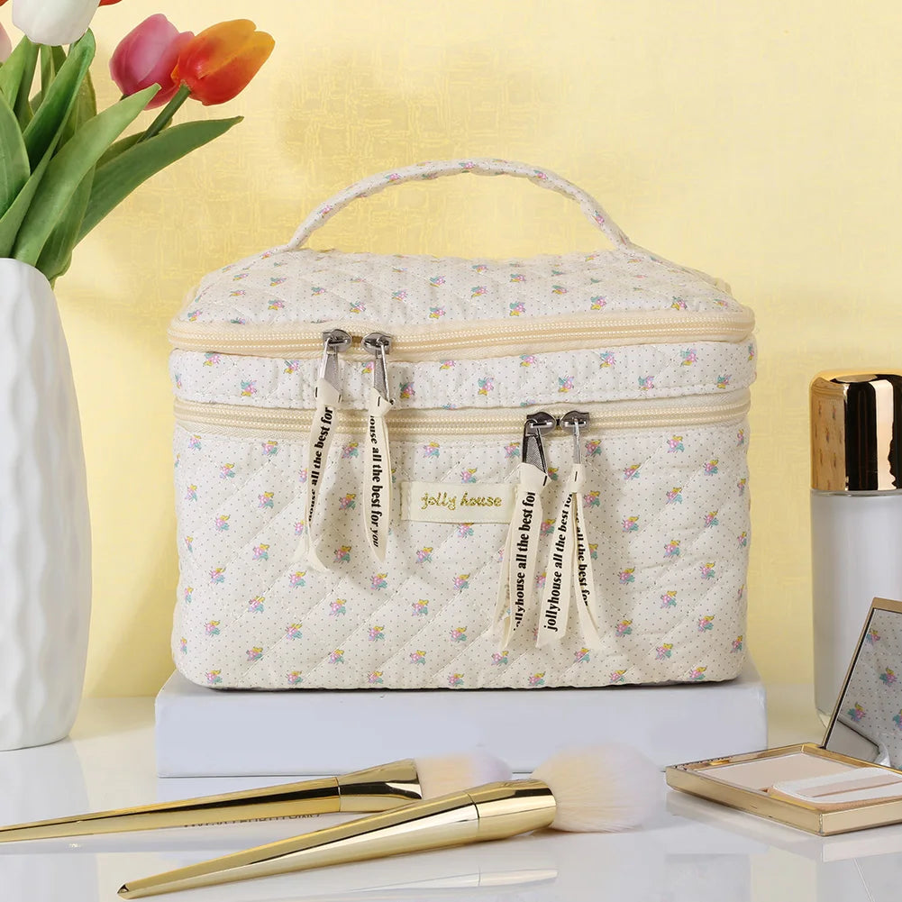 Double Layer Coquette Makeup Bag Floral Cotton Toiletry Bag