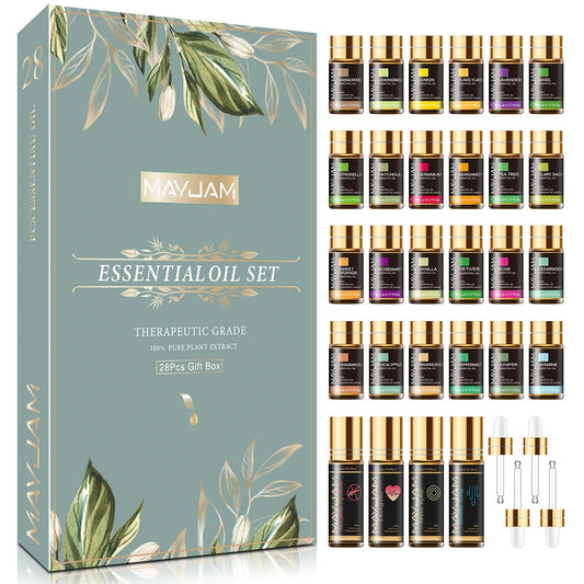 Mayjam 28pcs Pure Natural Essential Oils Gift Set for Humidifier Diffuser Lavender Vanilla Sage Jasmine Rose