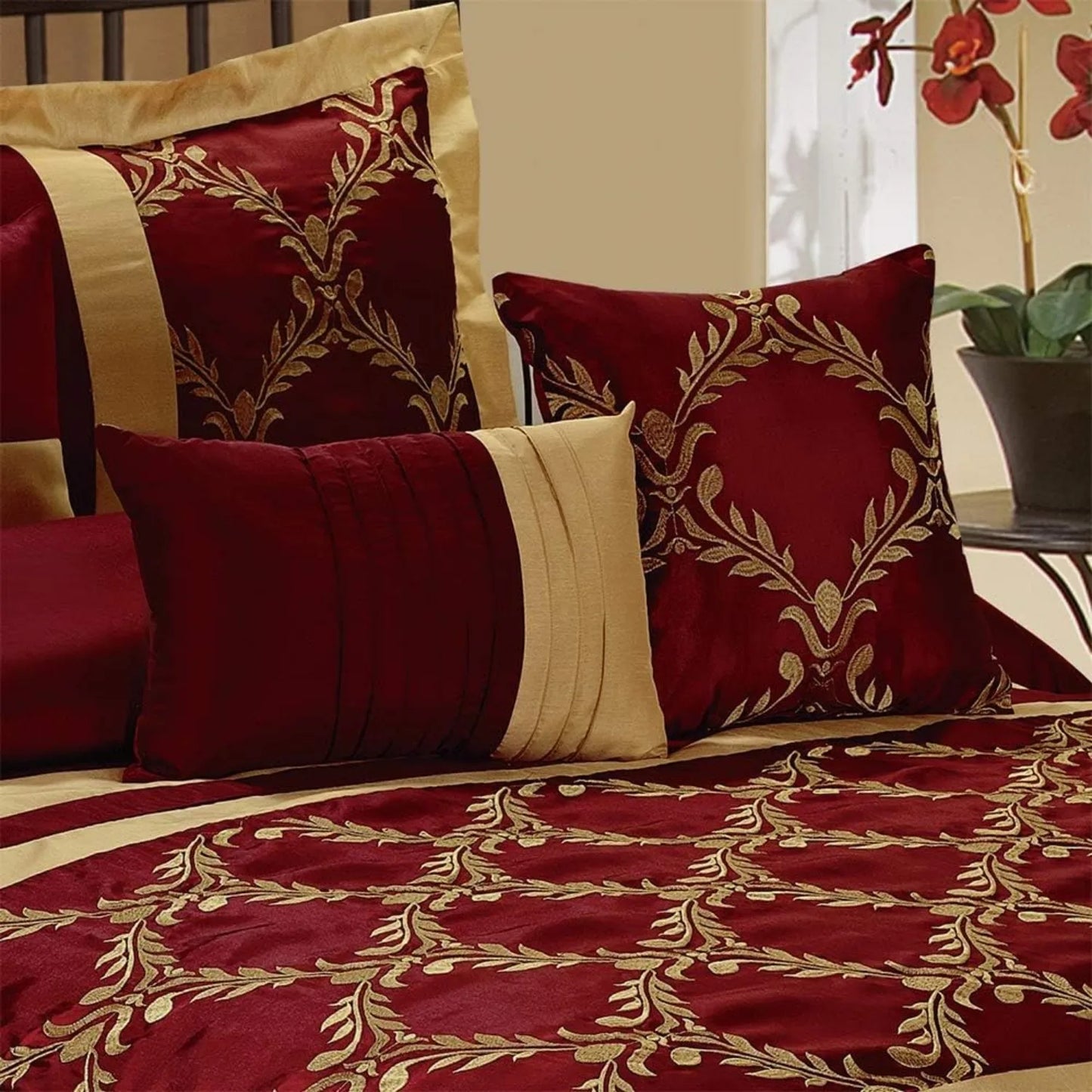 7 Piece King Burgundy Gold Faux Silk Comforter Set Lux