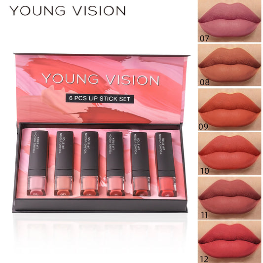 Young Vision 6 Matte Velvet Lipstick Set Waterproof Non Fade Silky Mud Feeling White Thin Translucent Light Lip Glaze Set