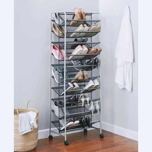 10 Tier 60 Pair Metal and Mesh Rolling Shoe Rack Everyday Home Shoe Storage