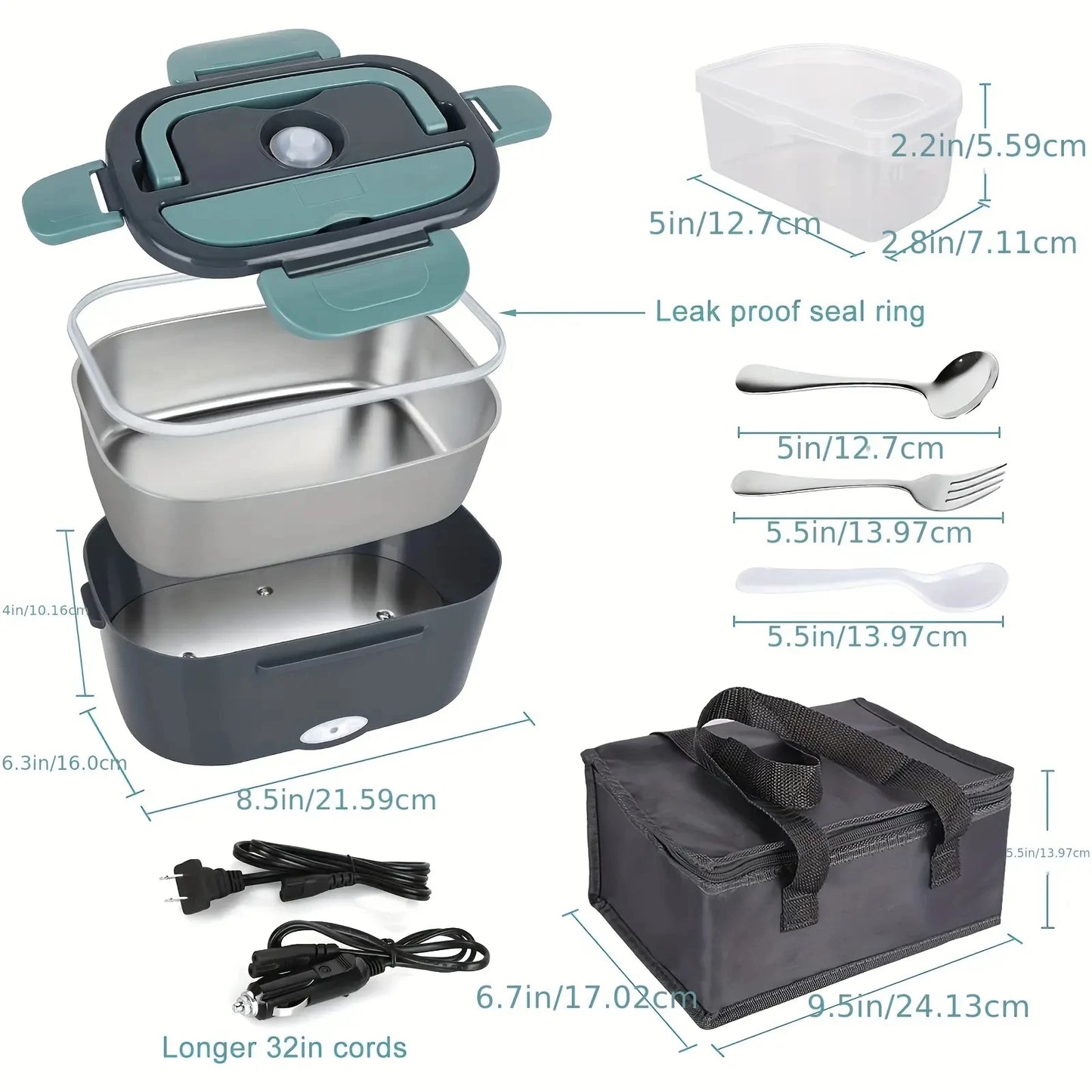 Electric Lunch Box 12V 24V 110V Portable Food Warmer with 1.5L Leakproof Stainless Container and Insulated Bag for Car and Home